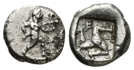 PAMPHYLIA, Aspendos. Circa 465-430 BC. AR Third Stater (12mm, 2.75 g). Warrior, nude but for helmet, holding sword and shield, advancing right / Trisk...