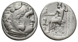 Kings of Thrace, Lysimachos AR Drachm. (17mm, 4.32 g) In the types of Alexander III of Macedon. Kolophon, circa 301-297 BC. Head of Herakles right, we...