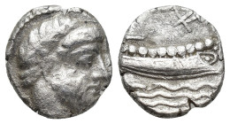 Phoenicia, Arados. Uncertain king. 4th century B.C. AR 1/3 stater (13mm, 2.47 g). Laureate head of Ba'al-Arwad right / Phoenician legend, galley right...