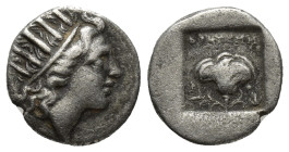 ISLANDS off CARIA, Rhodos. Rhodes. Circa 88-84 BC. AR Drachm (14mm, 2.13 g). 'Plinthophoric' coinage. Thrasyme(des), magistrate. Raidate head of Helio...