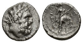 Pisidia, Selge AR Hemidrachm. (12mm, 1.8 g) 2nd-1st century BC. Head of Herakles to right, wearing wreath of styrax, club behind / Artemis, holding to...