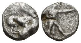 Cyprus, Kition AR Tetrobol. (13mm, 3.55 g) Azbaal(?), circa 449-392 BC. Lion attacking stag crouching right; L'Z'B'L (in Aramaic) above; all inside do...