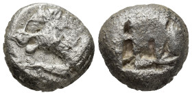 Caria, Mylasa Stater circa 510-490, AR (17mm, 10.80 g). Forepart of lion l.; on shoulder, symbol. Rev. Two rectangular incuse punches with irregular s...