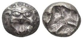 MYSIA. Parion (5th century BC). AR Drachm. (13mm, 3.88 g) Obv: Facing gorgoneion with protruding tongue. Rev: Disorganized linear pattern within incus...