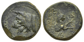 Seleukid Empire, Demetrios I Soter Æ (21mm, 10.39 g). Uncertain mint in Northern Syria, circa 162-150 BC. Head of Molossian hound to left / ΒΑΣΙΛΕΩΣ Δ...