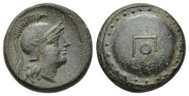 PAMPHYLIA. Aspendos. late 4th-3rd century BC. (18mm, 5.66 g). Head of Athena to right wearing an Attic helmet. Rev. ΠΟ Large round shield with a bulgi...