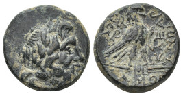 PHRYGIA. Amorion. Ae (18mm, 6.92 g) (2nd-1st centuries BC). Agau-(?), Pole- and Klear-, magistrates Obv: Laureate head of Zeus right. Rev: AΓ-AY / ΠOΛ...