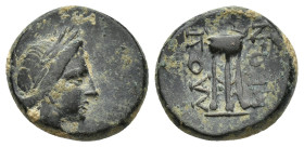 Phrygia, Laodikeia. 1st century B.C. AE (14mm, 3.52 g) Laureate head of Apollo right Rev: ΛΑΟΔΙ ΚΕΩΝ, tripod.