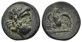 Kings of Galatia. Deiotaros 62-40 BC. Bronze Æ (19mm, 5.65 g). Laureate head of Zeus right / Eagle standing left on thunderbolt, head right; APTH mono...