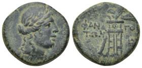 Cimmerian Bosporos. Phanagoreia circa 100-75 BC. Bronze Æ (20mm, 8.00 g). Laureate bust of Apollo right / ΦANA-ΓO[ΡI]-TΩN; thyrsos behind tripod, mono...