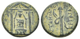 PAMPHYLIA. Perge. Ae (16mm, 3.62 g) (Circa 50-30 BC). Obv: Distyle temple containing facing statue of Artemis Pergaia. Rev: APTEMIΔOΣ / ΠEPΓAIAΣ. Quiv...