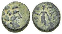 LYCAONIA. Ikonion. Ae (13mm, 2.99 g) (1st century BC). Obv: Laureate head of Zeus right. Rev: ЄIKONI / ЄWN. Perseus standing left, holding harpa and h...