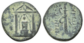 PAMPHYLIA. Perge. Ae (18mm, 4.22 g) (Circa 50-30 BC). Obv: Distyle temple containing facing statue of Artemis Pergaia. Rev: APTEMIΔOΣ / ΠEPΓAIAΣ. Quiv...