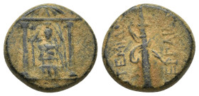 PAMPHYLIA. Perge. Ae (17mm, 5.00 g) (Circa 50-30 BC). Obv: Distyle temple containing facing statue of Artemis Pergaia. Rev: APTEMIΔOΣ / ΠEPΓAIAΣ. Quiv...