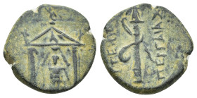 PAMPHYLIA. Perge. Ae (16mm, 3.52 g) (Circa 50-30 BC). Obv: Distyle temple containing facing statue of Artemis Pergaia. Rev: APTEMIΔOΣ / ΠEPΓAIAΣ. Quiv...