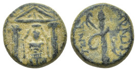 PAMPHYLIA. Perge. Ae (14mm, 4.25 g) (Circa 50-30 BC). Obv: Distyle temple containing facing statue of Artemis Pergaia. Rev: APTEMIΔOΣ / ΠEPΓAIAΣ. Quiv...