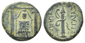 PAMPHYLIA. Perge. Ae (15mm, 3.42 g) (Circa 50-30 BC). Obv: Distyle temple containing facing statue of Artemis Pergaia. Rev: APTEMIΔOΣ / ΠEPΓAIAΣ. Quiv...