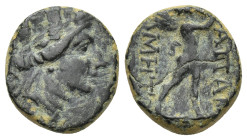 PHRYGIA. Apameia. 113-48 B.C. AE (14mm, 3.32 g) Magistrate Kelainos. Obv: Turreted bust of Artemis right, bow and quiver at shoulder. Rev: AΠAM[E] - M...