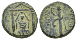 PAMPHYLIA. Perge. Ae (15mm, 3.88 g) (Circa 50-30 BC). Obv: Distyle temple containing facing statue of Artemis Pergaia. Rev: APTEMIΔOΣ / ΠEPΓAIAΣ. Quiv...