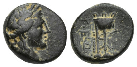 PHRYGIA. Laodikeia ad Lycum circa 100-27 BC. Ae. (11mm, 2.78 g) Obv: Laureate head of Apollo, right. Rev: ΛΑΟΔΙ – ΚΕΩΝ. Tripod.