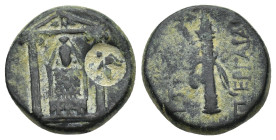 PAMPHYLIA. Perge. Ae (16mm, 4.76 g) (Circa 50-30 BC). Obv: Distyle temple containing facing statue of Artemis Pergaia. c/m: sphinx seated right within...