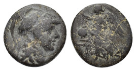 PAMPHYLIA, Side. 2nd-1st century BC. Æ (15mm, 2.91 g). Helmeted head of Athena right / Nike standing left, holding wreath and palm frond; pomegranate ...