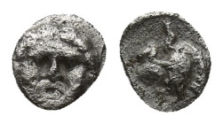 Pisidia, Selge, Obol, (4.6mm, 0.08 g). 350-300 BC Obverse: facing gorgoneion Reverse: head of Athena in corynthian helmet right.