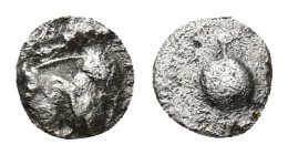 PAMPHYLIA, Side. Circa 460-430 BC. AR Obol (5mm, 0.07 g) Obv: Helmeted head of Athena right within incuse square. Rev: Pomegranate