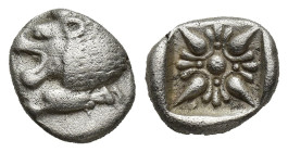 IONIA. Miletus. Ca. late 6th-5th centuries BC. AR obol (10mm, 1.00 g). Milesian standard. Forepart of roaring lion right, head reverted / Stellate flo...