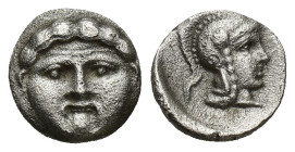 Pisidia, Selge. Ca. 350-300 B.C. AR obol (10mm, 0.87 g). Facing gorgoneion / Helmeted head of Athena right.
