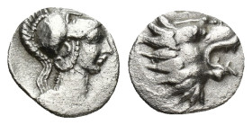Pamphylia, Side, AR Obol (9mm, 0.70 g) ca. 400-380 BC. Helmeted head of Athena right. / Head of lion right.