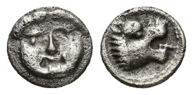 Pisidia, Selge AR Hemiobol. (7mm, 0.46 g) Circa 300-190 BC. Facing gorgoneion / Lion's head to right with mouth open.