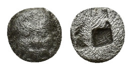 LESBOS. Methymna. Hemiobol or Tetartemorion (4.7mm, 0.19 g) (Circa 500-460 BC). Obv: Facing head of Silenos. Rev: Quadripartite incuse square.