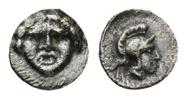 Pisidia, Selge. Ca. 350-300 B.C. AR obol (5.7mm, 0.15 g). Facing gorgoneion / Helmeted head of Athena right.