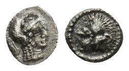 Pamphylia, Side. Ca. 3rd-2nd century B.C. AR obol (6mm, 0.13 g). Helmeted head of Athena right. / Head of roaring lion left.