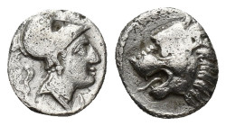 PAMPHYLIA. Side. (3rd-2nd centuries BC). AR Obol. (9mm, 0.75 g) Obv: Helmeted head of Athena right. Rev: Head of lion left with open mouth.