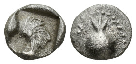PAMPHYLIA, Side. Circa 460-430 BC. AR Obol (9mm, 0.86 g). Helmeted head of Athena right within incuse square. / Pomegranate.