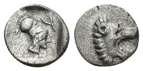 PAMPHYLIA, Side. Circa 430-400 BC. AR Obol (10mm, 0.74 g). Helmeted head of Athena right, with no hair on neck; all in incuse square. / Head of lion r...