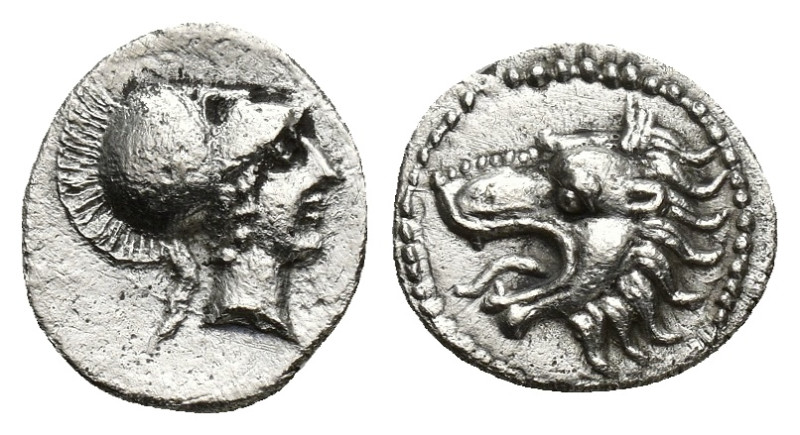 PAMPHYLIA. Side. (3rd-2nd centuries BC). AR Obol. (10mm, 0.76 g) Obv: Helmeted h...
