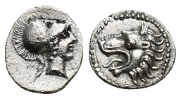 PAMPHYLIA. Side. (3rd-2nd centuries BC). AR Obol. (10mm, 0.76 g) Obv: Helmeted head of Athena right. Rev: Head of lion left with open mouth.