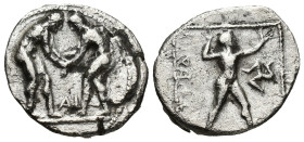PAMPHYLIA, Aspendos. Circa 380/75-330/25 BC. AR Stater (20mm, 9.98 g). Two wrestlers grappling; AI between / Slinger in throwing stance right; triskel...