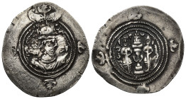 SASSANIAN EMPIRE. Husrav II, A.D. 590-628. AR Drachm (31mm, 4.00 g), ST (Stakhr) Mint, Obverse: Crowned bust right; Reverse: Fire altar with ribbons; ...