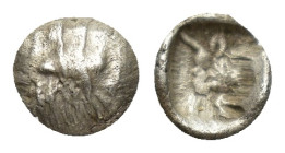 Caria, Uncertain, c. 5th century BC. AR Tetartemorion (5.91mm, 0.16 g). Confronted foreparts of bull. R/ Forepart of bull l., within incuse square.