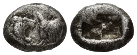KINGS of LYDIA. Time of Kroisos. Circa 561-546 BC. AR Third Stater (13mm, 3.50 g). Confronted foreparts of a roaring lion on right and a bull on left ...