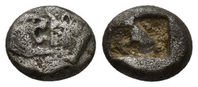 KINGS of LYDIA. Time of Kroisos. Circa 561-546 BC. AR Sixth Stater (19mm, 1.76 g). Confronted foreparts of a roaring lion on right and a bull on left ...