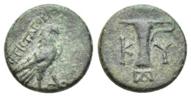 Aeolis, Kyme, c. 350-250 BC. Æ (14mm, 1.93 g). Uncertain magistrate. Eagle standing r. R/ K-Y, One-handled, monogram.