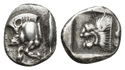Mysia, Kyzikos. Ca. 525-475 B.C. AR diobol (11mm, 1.25 g) Forepart of boar left; on shoulder, tunny to right Rev: Head of roaring lion left within inc...