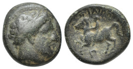 KINGS OF MACEDON. Philipp II (359-336). Ae. (18mm, 5.61 g) Obv: Diademed head of Apollo right. Rev: ΦΙΛΙΠΠΟΥ. Naked youth on horse left. Symbol: Γ....