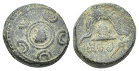Macedonian Kingdom. Anonymous issues. Ca. 323-310 B.C. AE half unit (15mm, 4.65 g). Uncertain mint in Western Asia Minor. Head of Herakles facing 3/4 ...