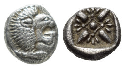 Ionia. Miletos circa 525-475 BC. Diobol AR (10mm, 1.13 g) Forepart of lion to left, his head turned back to right / Star-shaped floral ornament within...